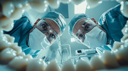 View from a patient\'s perspective during a dental examination by two dentists in a modern clinic