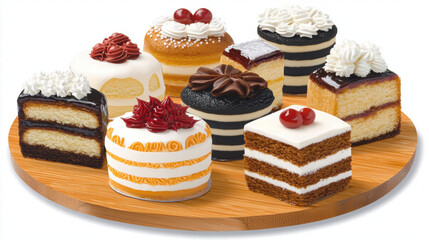 Delicious assortment of colorful cakes on wooden platter, perfect for celebrations