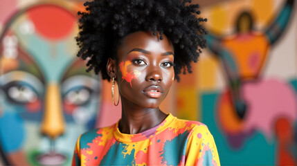 Black woman with colorful face paint posing in an art studio filled with vibrant artwork and creative energy