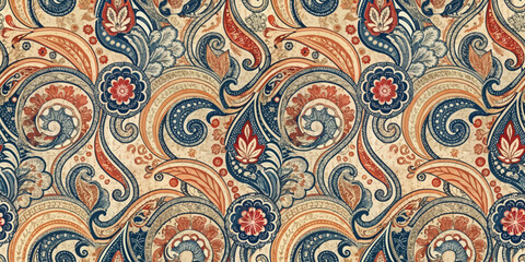 Intricate floral paisley pattern in blue, orange, and cream tones.