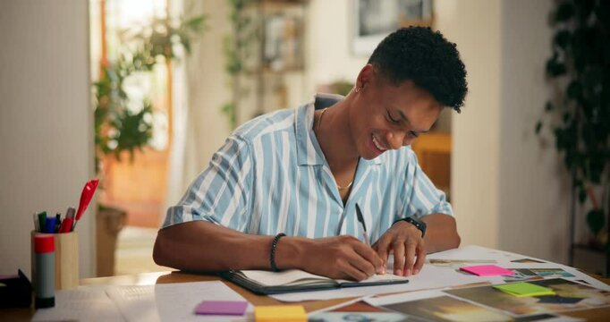 Creative man, designer and writing with book for project planning, reminder or schedule tasks at home office. Happy, male person or freelancer with notebook or sticky notes for organizing workflow
