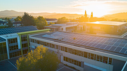 Sustainable School Campus Rooftop Solar Panels at Golden Hour Generative Ai.