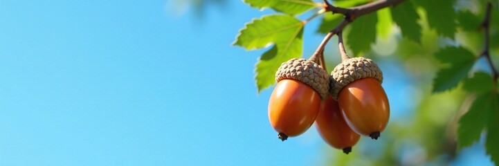 A bundle of freshly picked cotton acorns hanging from a branch, against a blue sky background, tree, nature, foliage