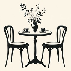 Romantic cafe table setting with flowers and chairs