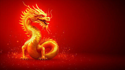 Naklejka premium Golden Dragon 3D Illustration Red Background