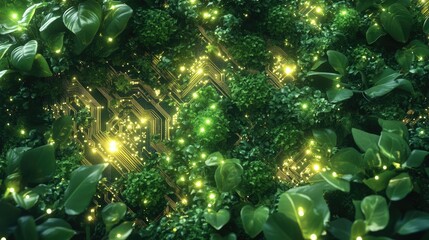 CGI illustration of lush greenery intertwined with glowing circuits, symbolizing the fusion of nature and cutting-edge technology.