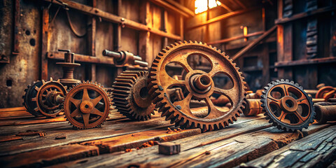 Fototapeta premium Intricate rust colored metal gears scattered on weathered wood, illuminated by warm light, create nostalgic and industrial atmosphere
