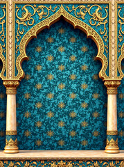 Invitation design featuring middle eastern seamless pattern and Mughal arch with peacock illustration