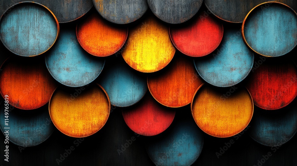 Poster overlapping colorful rusty metal circles background texture.