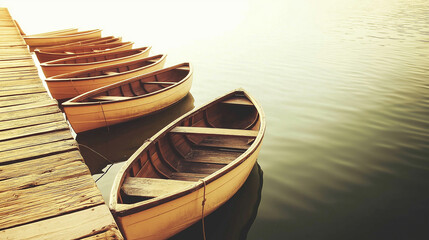 Wooden Rowboats Moored at a Rustic Wooden Dock Lakeside Serenity Generative Ai.