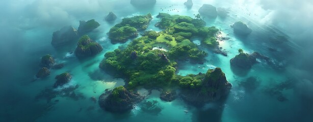 Obraz premium Aerial View of Lush Tropical Island Chain with Turquoise Lagoons and Pristine Beaches in the Middle of Vast Ocean Expanse