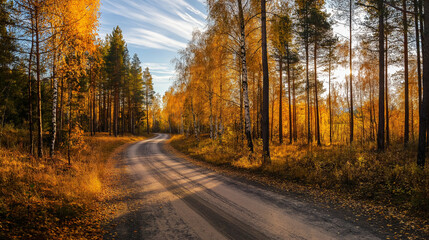 Obraz premium Autumnal Forest Road Golden Leaves, Winding Path, Sunlit Trees Generative Ai.