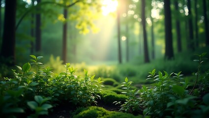 Fototapeta premium Sunlight highlights vibrant forest vegetation and mossy ground. Perfect for nature magazines, environmental blogs, or outdoor product advertisements