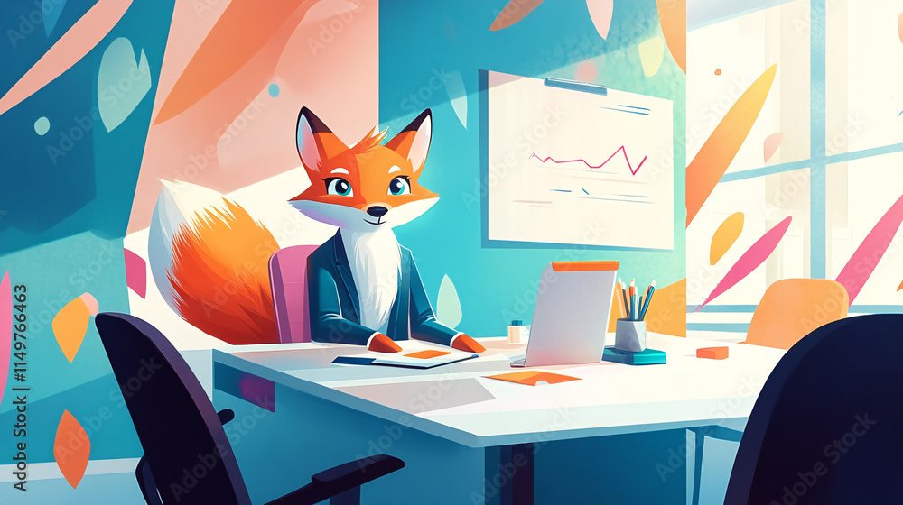 Poster a charismatic fox presenting at a boardroom table, surrounded by abstract patterns that convey energ