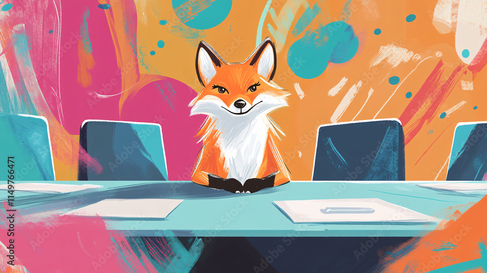 Poster a charismatic fox presenting at a boardroom table, surrounded by abstract patterns that convey energ