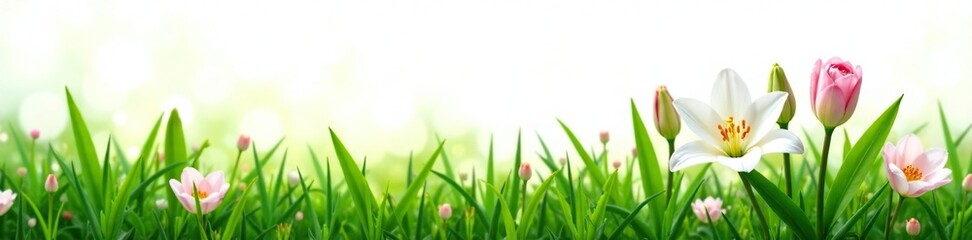 Fototapeta premium A delicate, pale pink rose and a white lily forming an elegant floral arrangement amidst a sea of green grass, peaceful, garden, white