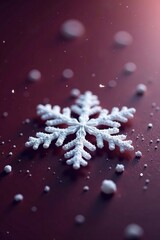 Fototapeta premium A delicate snowflake floats gently on a dark maroon surface with subtle shimmer, snowfall, winter scenery
