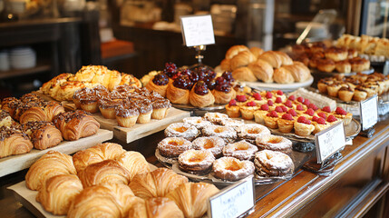 A charming bakery display, with a variety of pastries, croissants, and tarts, all beautifully arranged in a glass case, inviting customers in. 