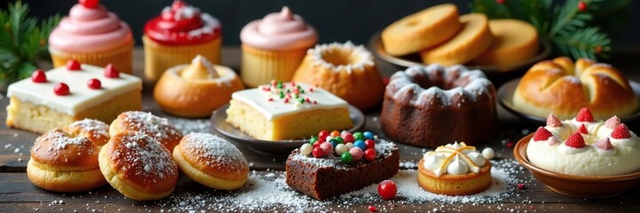 A festive and colorful table filled with an assortment of Christmas sweets and baked goods, winter treats, christmas treats