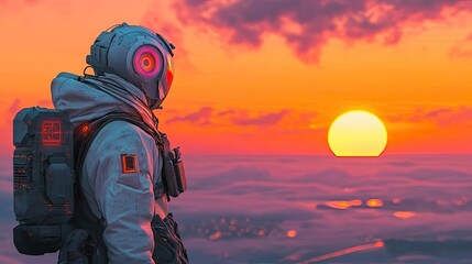 Futuristic nomad gazing at a glowing horizon, their advanced gear glinting under a vibrant orange and pink sunset.