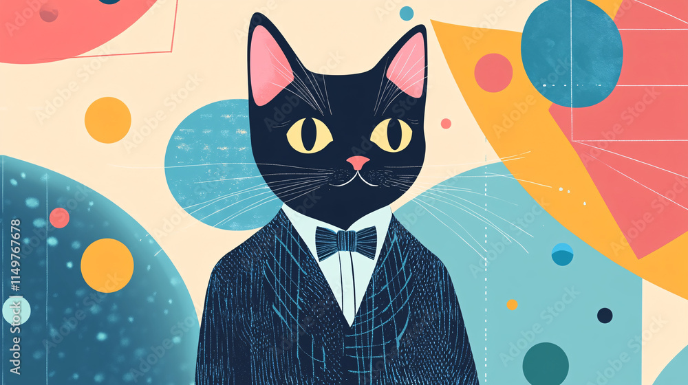Poster a chic cat in a designer outfit, mingling at an office party, surrounded by abstract shapes symboliz