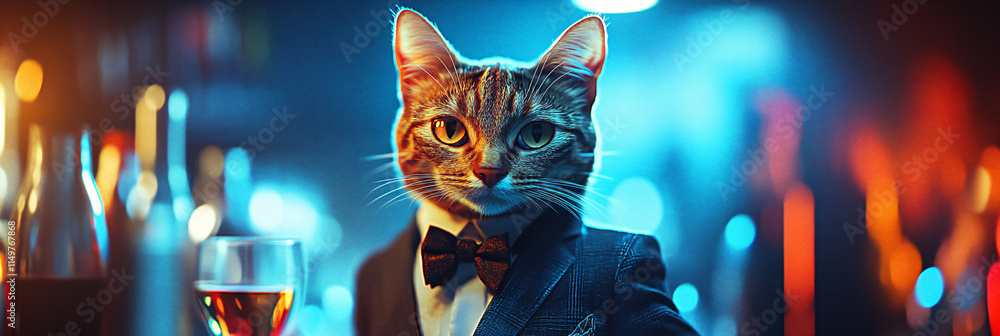Poster a chic cat in a designer outfit, mingling at an office party, surrounded by abstract shapes symboliz