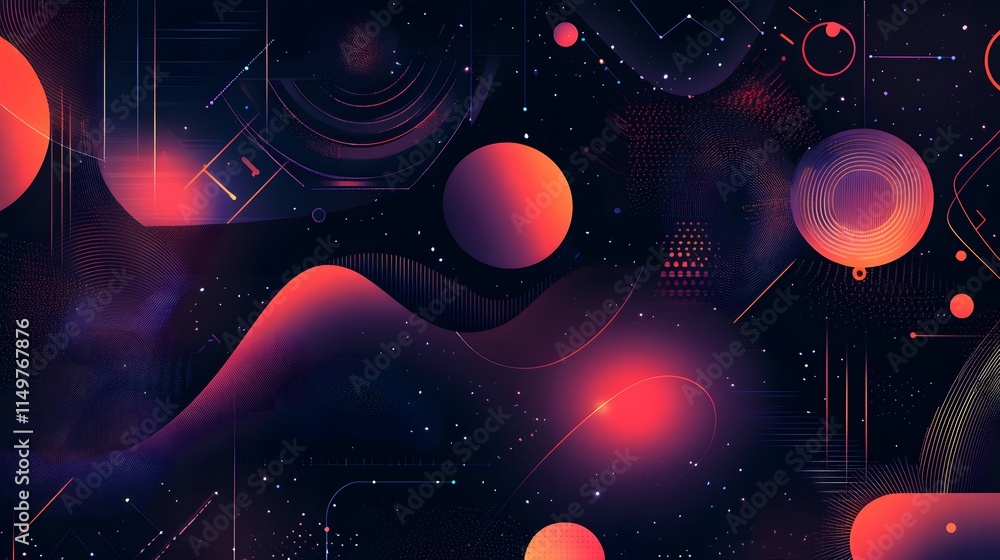 Poster dynamic abstract composition of colorful circles digital art cosmic theme dark background futuristic