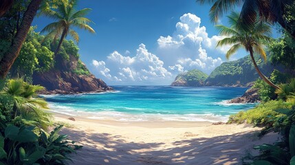 Secluded tropical beach, turquoise water, palm trees.