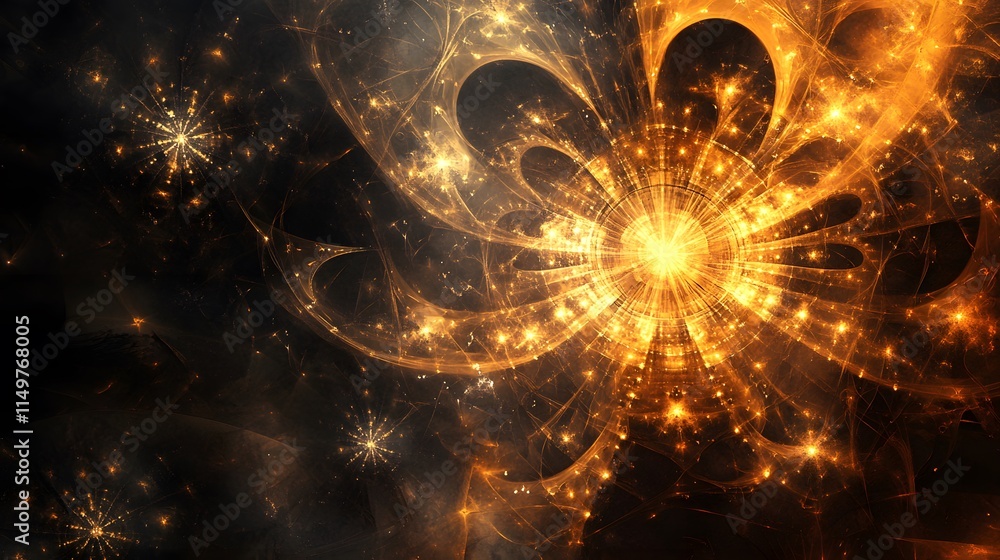 Poster dynamic golden fractal patterns digital art abstract design cosmic environment illuminated viewpoint