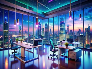 Fototapeta premium Surreal Modern Office Interior with Panoramic Cityscape View - Stock Photo