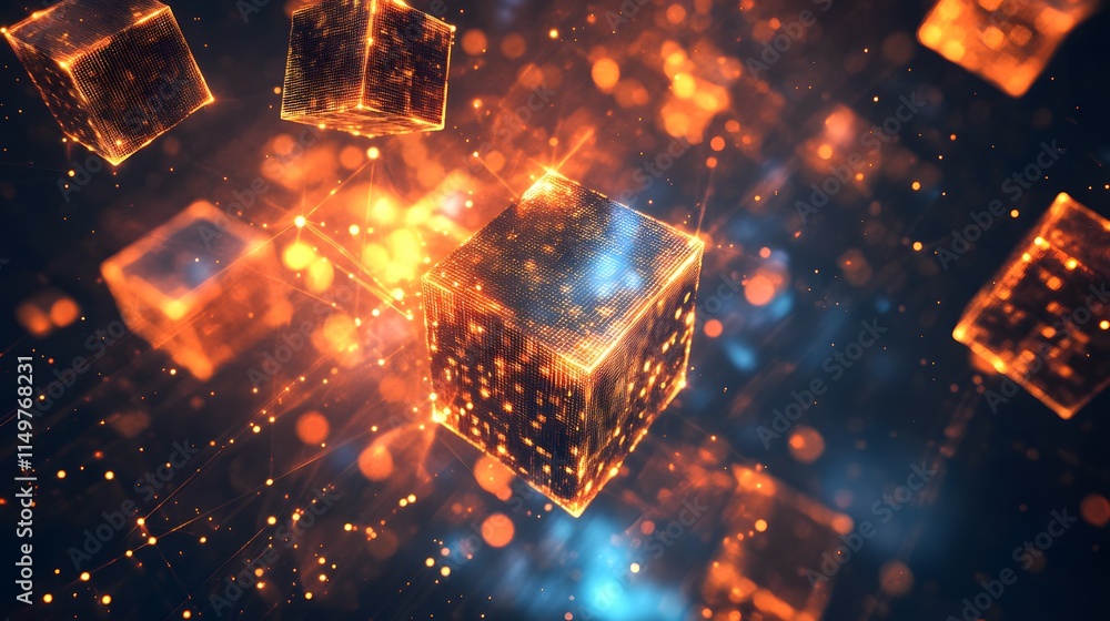 Poster dynamic digital cubes floating abstract visualization high-tech environment vibrant colors futuristi