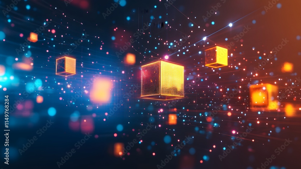 Poster digital cubes floating in a cosmic space environment abstract visuals tech conceptual art