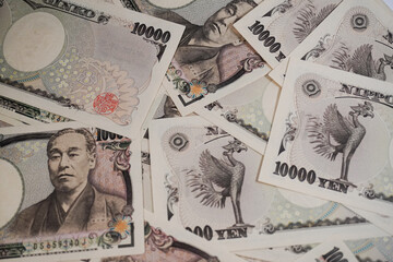 Fototapeta premium A collection of close-up photos of the Japanese 10,000 Yen banknote