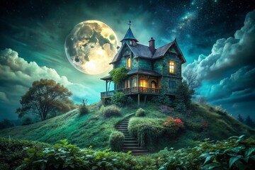 Surreal Moonlight Haunted House Hilltop Eerie Shadows Overgrown Garden Ghostly Photography
