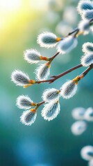 Fototapeta premium Springtime willow branch with soft fluffy catkins in sunlight. Happy Easter