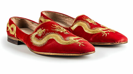 Red Velvet Slippers with Golden Dragon Illustration