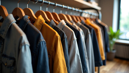 Fototapeta premium Clothes hanging on a rack in a boutique store. Concept Boutique Shopping, Clothing Display, Wardrobe Organization
