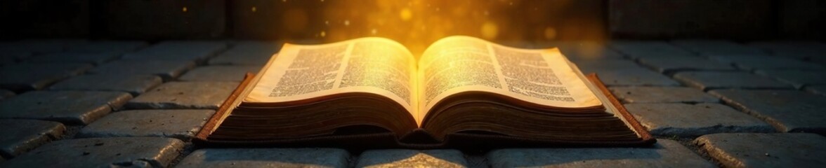 Fototapeta premium A large, ancient tome with a bright yellow halo surrounding it on a dark, stone floor, darkness, book