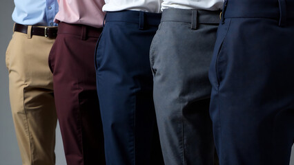 Four pairs of mens dress pants neatly lined up, showcasing various colors and styles