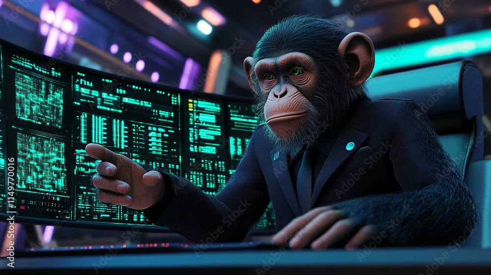 Poster a clever monkey in a sharp suit, interacting with digital screens, with bright colors illustrating t