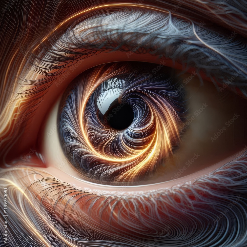 Poster a detailed close-up of a human eye with intricate swirling light patterns in the iris, showcasing a 