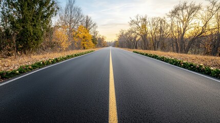 Fototapeta premium Serene Tree-Lined Road Leading into Sunset Horizon