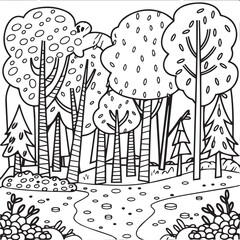 forest background line art with house on white background