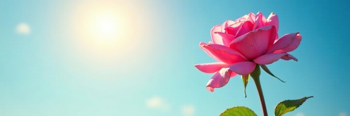 A pink rose petal falls from its stem as the sun casts a warm glow on a serene blue sky, flower, sunlight, gentle