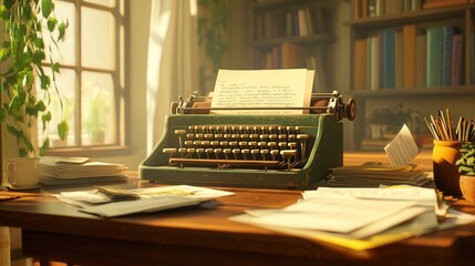 featuring an old typewriter surrounded by various documents on a table.