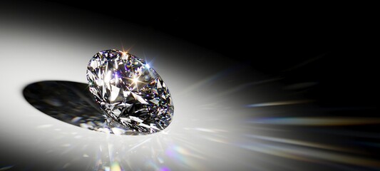 Close-up of a brilliant diamond resting on a reflective surface, highlighting its intricate cut, dazzling prismatic light refractions, and elegance