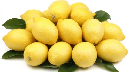 Fresh yellow lemons with green leaves.