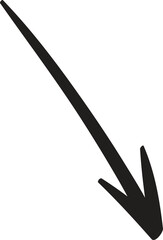 Downward pointing black arrow diagonally crossing a clean white background, representing direction, descent, or a trend indicating decrease and decline in various contexts
