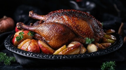 Sophisticated dish of roasted duck and caramelized apples on a black ceramic plate, with a moody black backdrop.