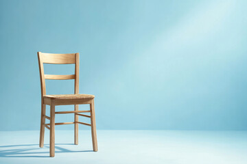 Wooden chair on blue background, isolated for modern decor.